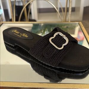 Chase + Chloe Black Knit Slide Sandals with Silver Buckle
